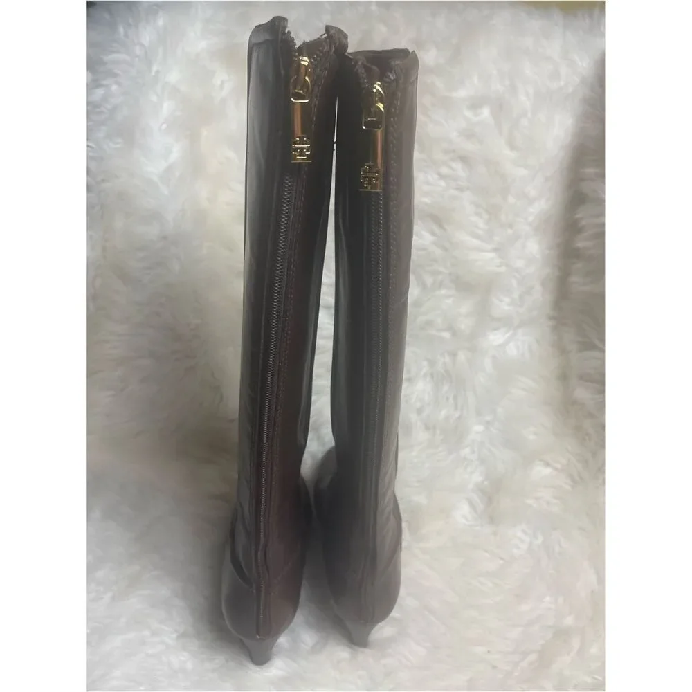 Tory Burch leather Brown Knee-High Wedge Boots back zipper gold tone accent.SZ11